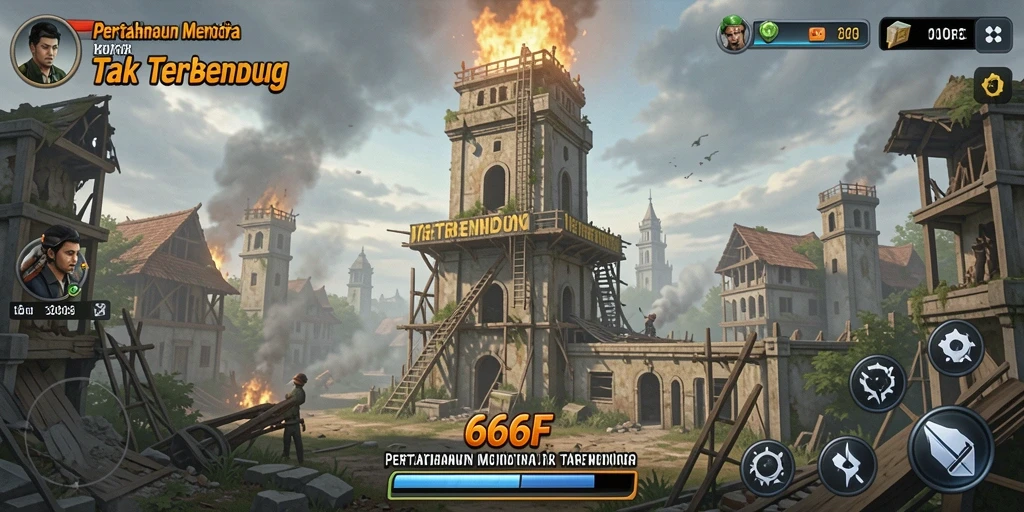 Screenshot utama 666F menunjukkan pertarungan menara pertahanan epik.