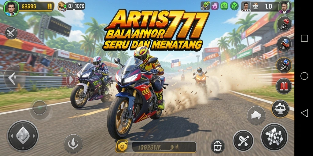 Screenshot utama ARTIS777 menampilkan aksi balapan motor yang cepat dan mendebarkan.