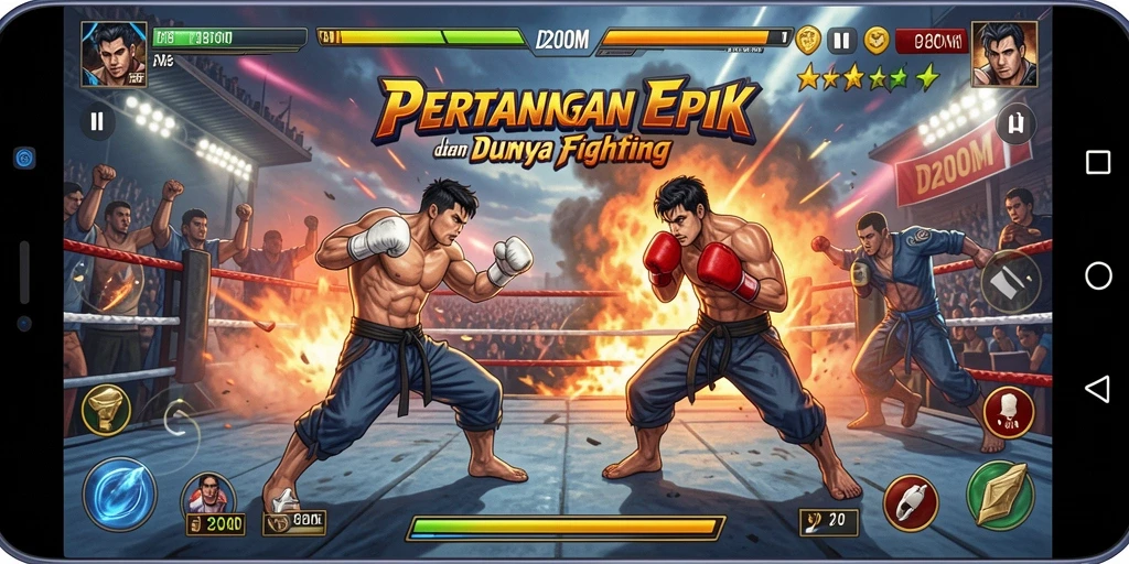 Gameplay D200M menampilkan pertarungan karakter yang dinamis dan menegangkan.