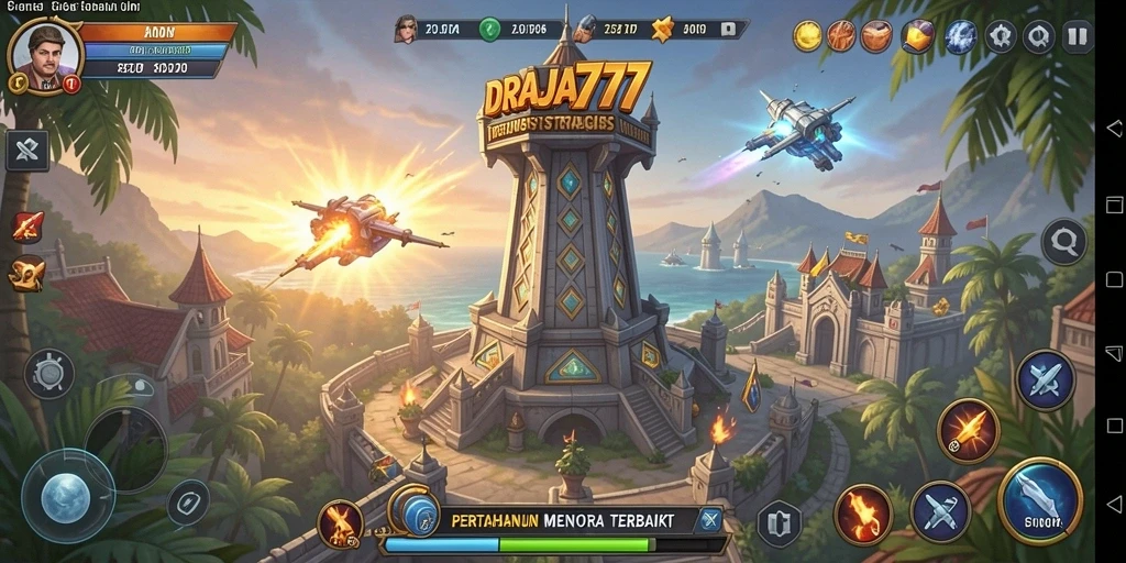 Tampilan gameplay DRAJA777 yang seru dalam pertahanan menara.