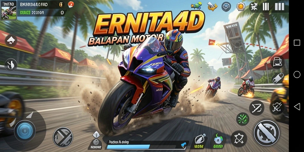 Screenshot utama ERNITA4D menampilkan aksi balapan motor yang seru.