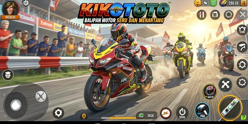 Screenshot gameplay KIKOTOTO yang menunjukkan balapan motor yang mendebarkan.