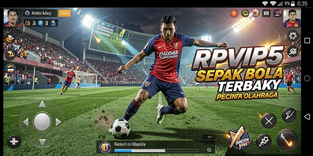 Screenshot RPVIP5 menampilkan aksi seru dalam pertandingan sepak bola.